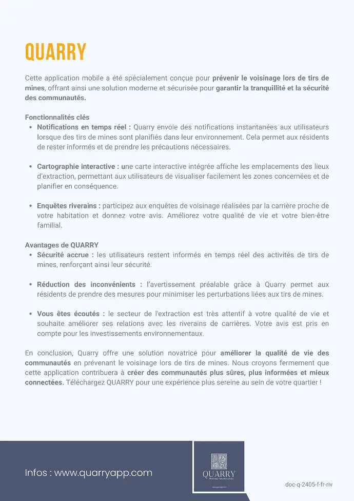 www.quarryapp.com, alerte tir de mines, géolocalisation tirs de mines, carte tir de mines, app, mobile app 