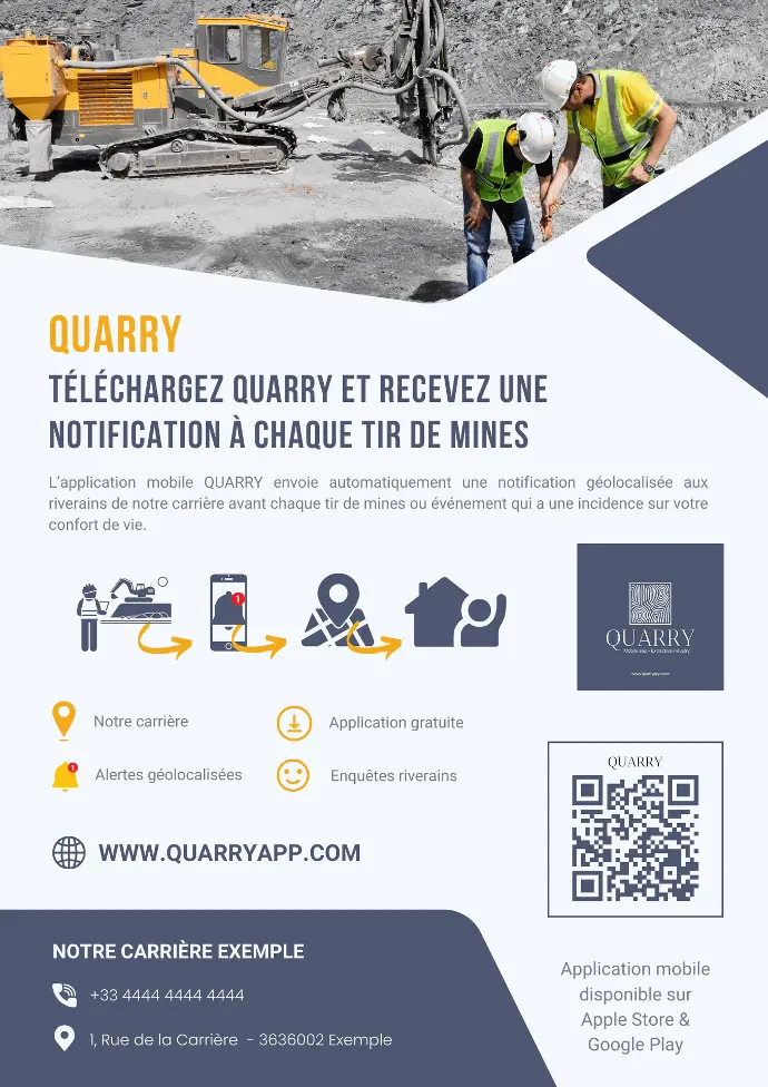 quarry, quarry mobile app, tirs de mines, carrières, appli carrières, application mobile carrières, industrie extractive, alerte tirs de mines